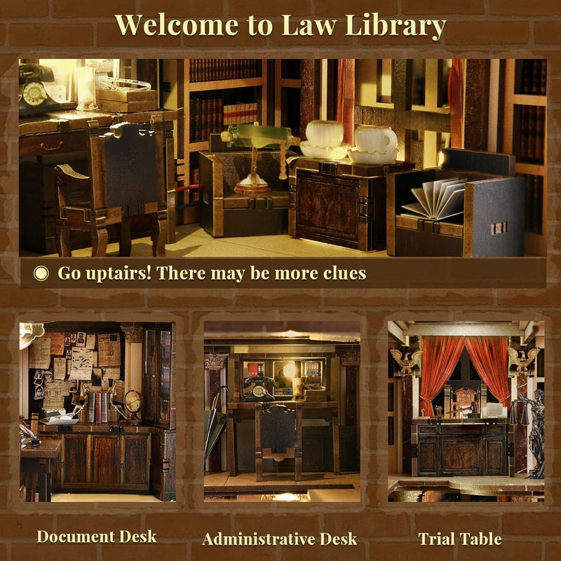 MiniCity DIY Book Nook Kit, Miniature Dollhouse Booknook Kit, 3D Wooden Puzzle Bookend Bookshelf Insert Decor with LED Light for Teens and Adults (Law Library) - Image 4